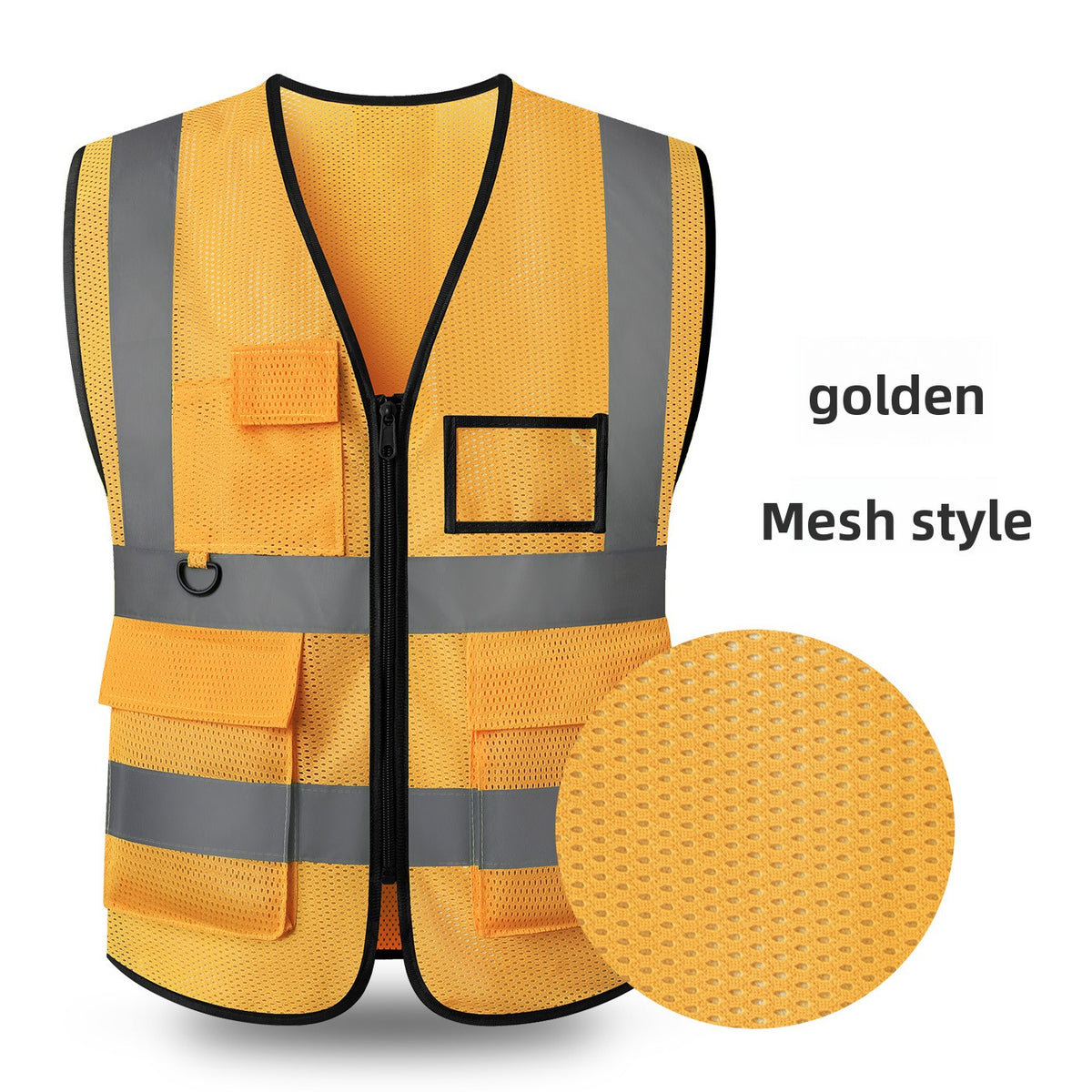 Golden yellow mesh reflective work vest with perforated fabric and chest ID window