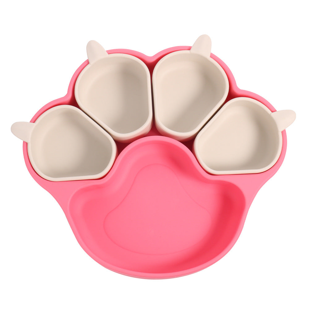 Dark pink bear paw plate with four small cream cups on a white background