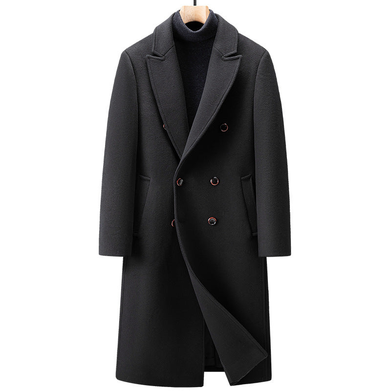 Black double-breasted long coat with peak lapels over a dark turtleneck, size 190/XXXL option