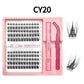 Lash cluster style CY20 in a 10 row tray with dual-ended glue pen, tweezers and a close-up of the cluster shape