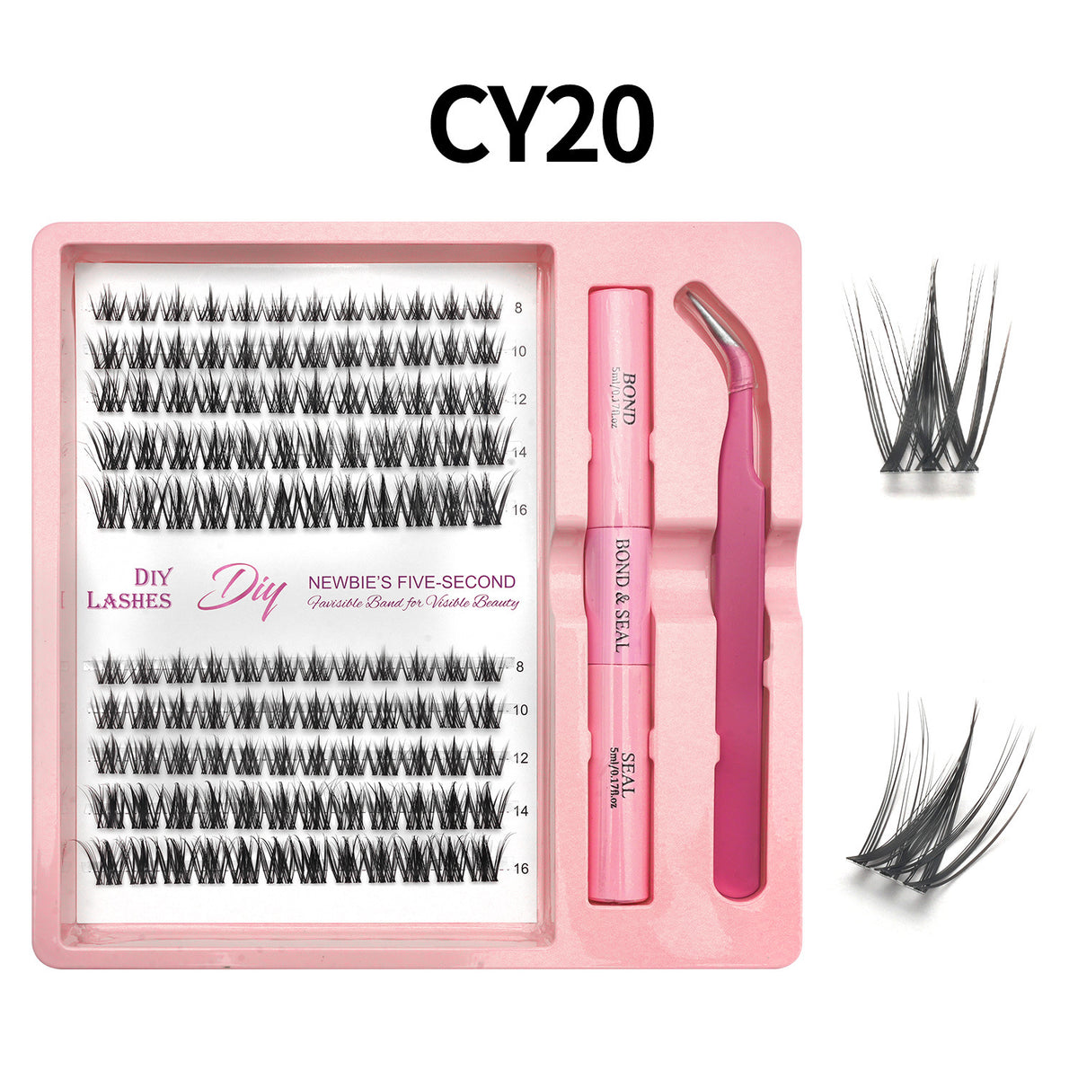 Lash cluster style CY20 in a 10 row tray with dual-ended glue pen, tweezers and a close-up of the cluster shape