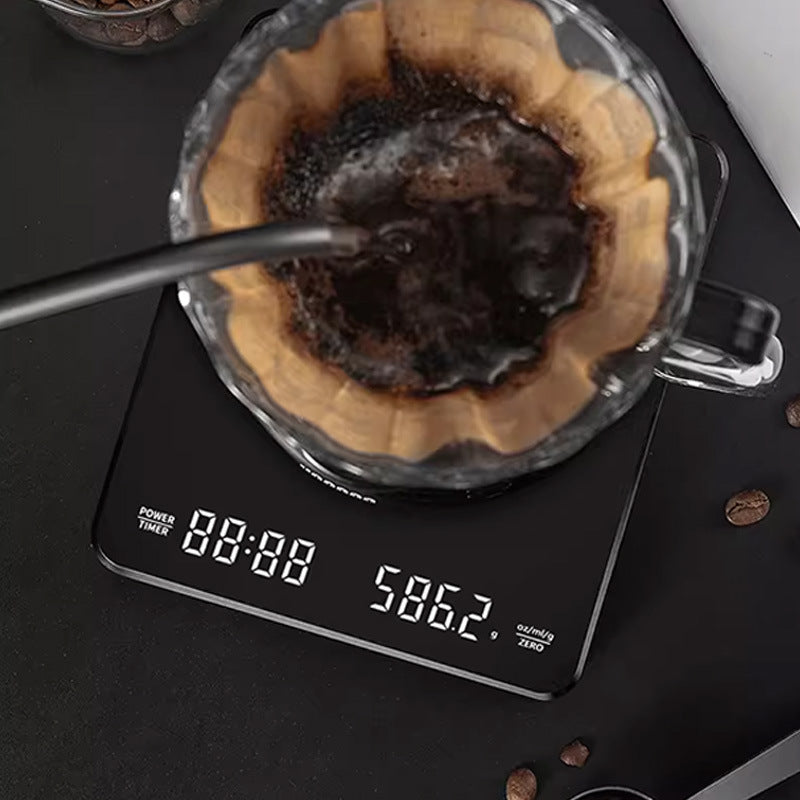 Coffee scale under a pour over dripper showing weight and timer on the LED display