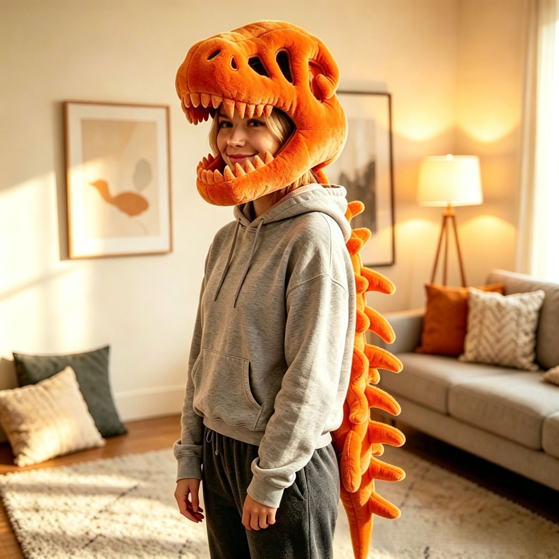 Plush dinosaur skeleton headgear with open jaw teeth and a long padded backbone tail for dress-up