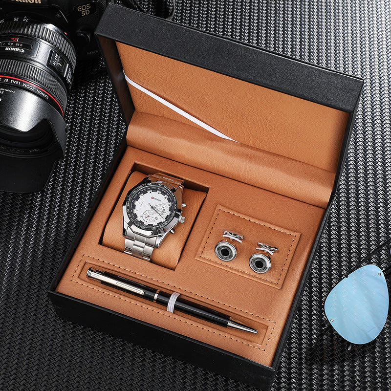 Sport watch styled with the cufflinks and pen from the gift set arranged