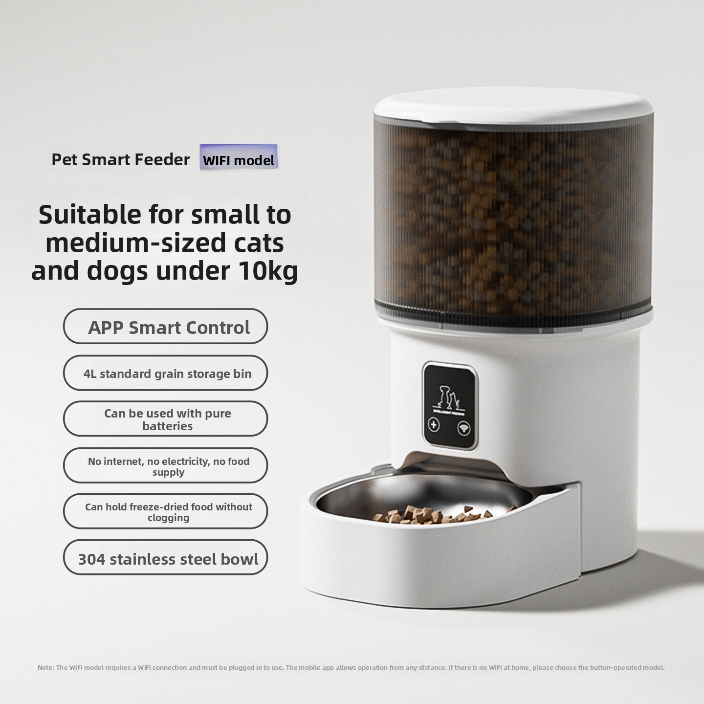 White automatic pet feeder with stainless steel bowl and digital timer