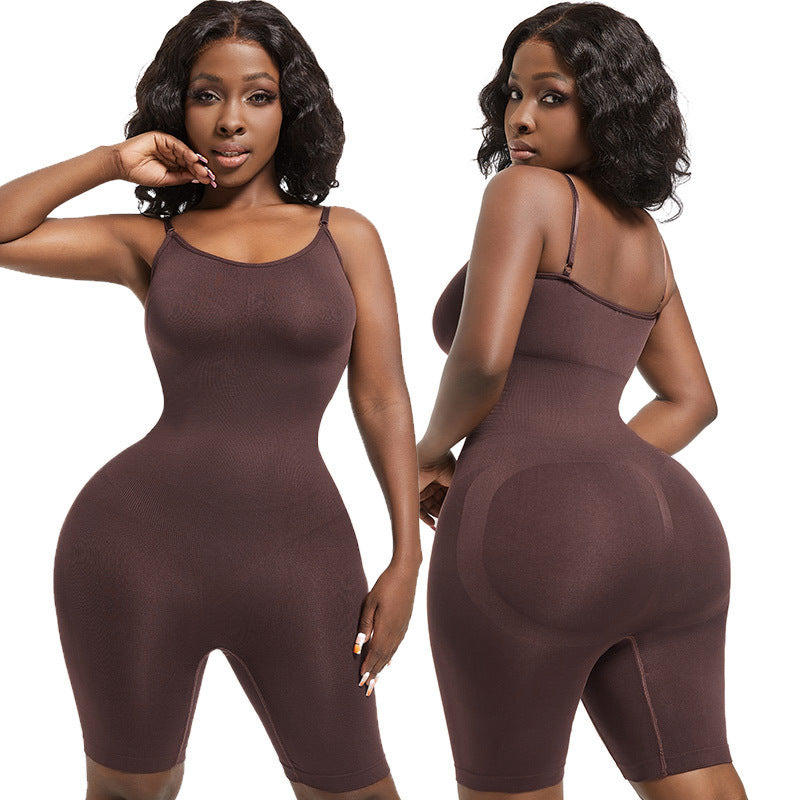 Model in a brown shaping cami bodysuit, front and back views showing the compression knit