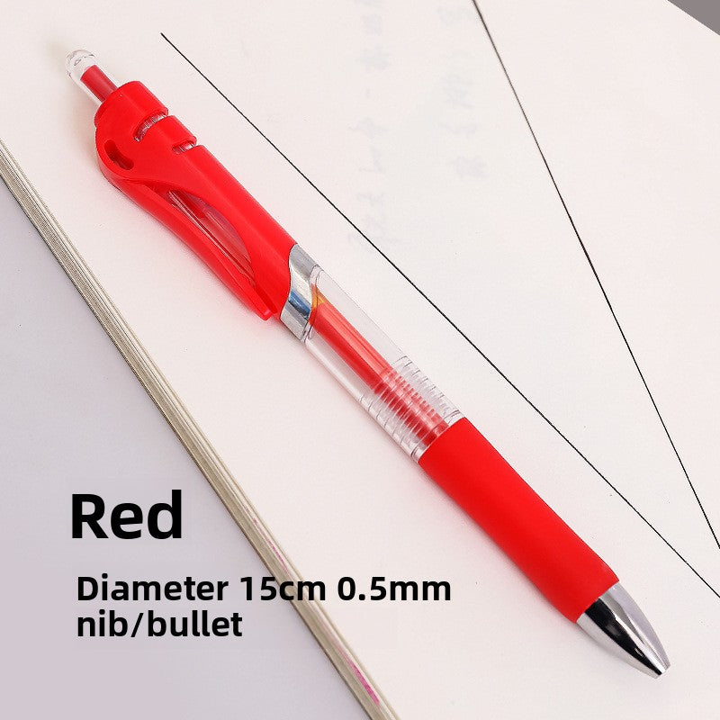 Red K35 retractable gel pen with a clear barrel and red grip labelled 0.5 mm bullet tip