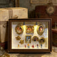 Dark brown shadow box set with gold mini photo frames, cherubs and visitor figurines lit by two lights on a vintage table