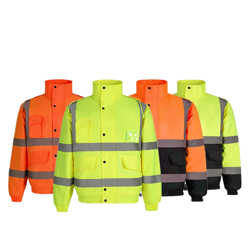 Fluorescent green reflective fleece-lined safety work jacket, front view with full zip