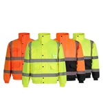 Fluorescent green reflective fleece-lined safety work jacket, front view with full zip