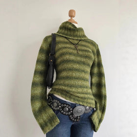 Womens Green Striped Knit Sweater with High Collar