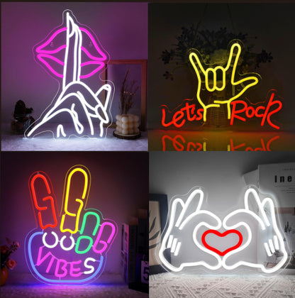 LED neon wall light sign, glowing against a dark wall