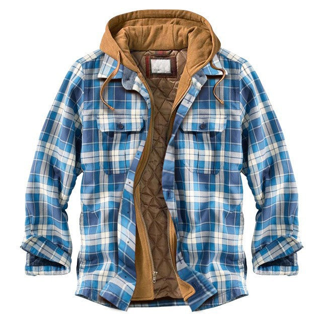 Plaid checkered polyester shell of the hooded jacket, close up