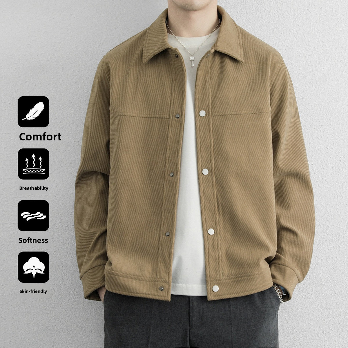 Khaki button front jacket with a turn down collar, option photo for size 6XL, worn over a white tee