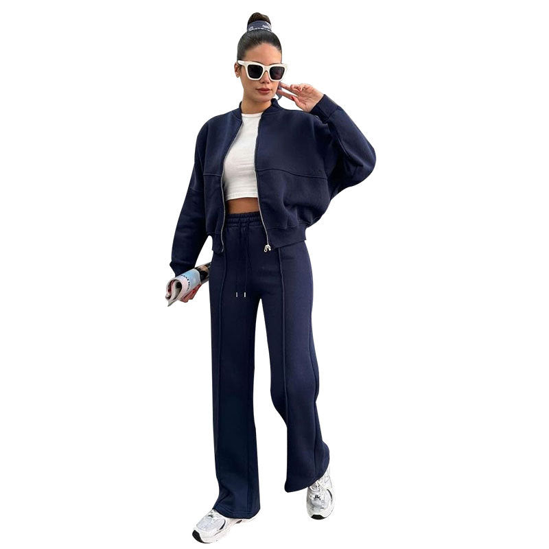 Dark blue fleece zip jacket and wide-leg pants set, close detail