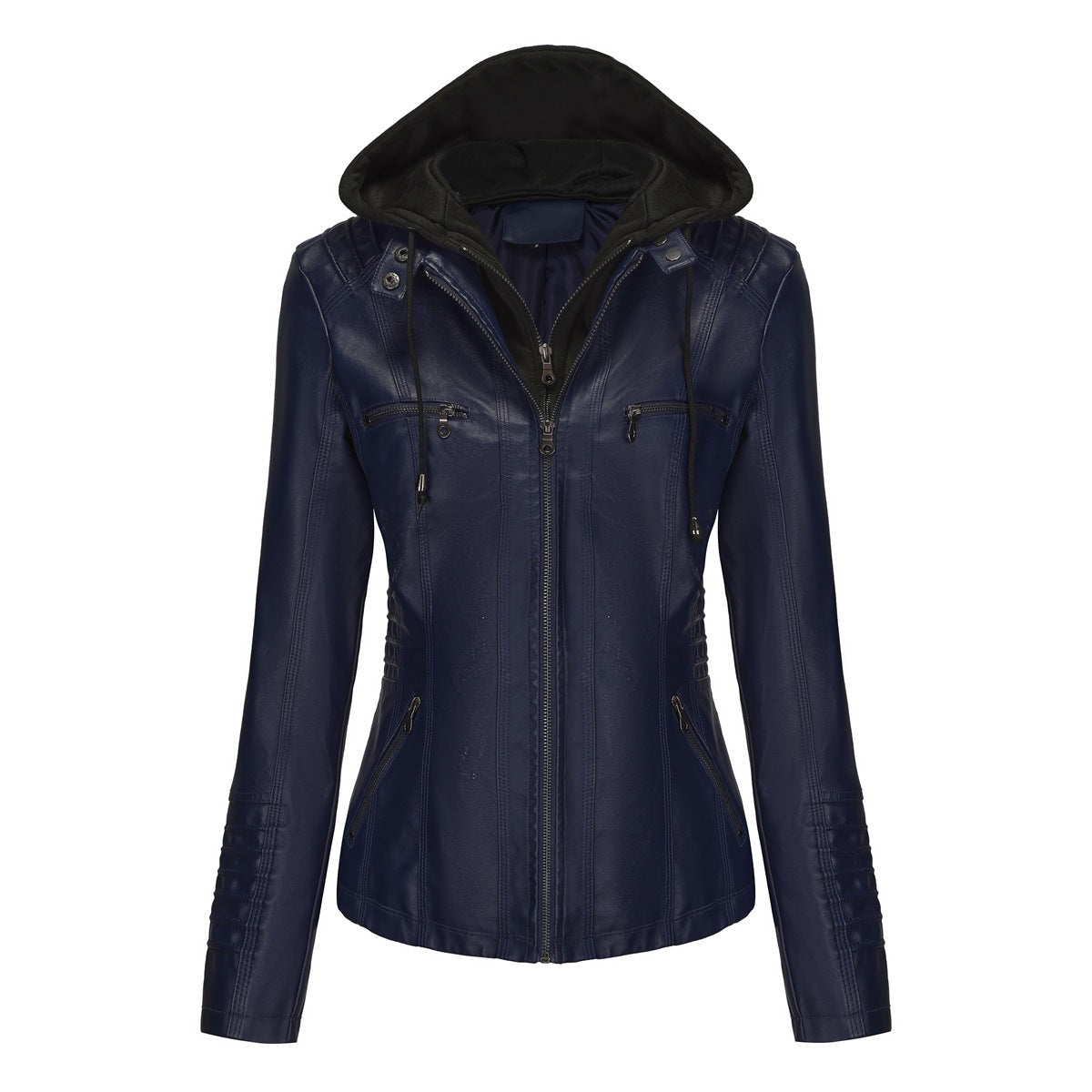 Dark blue PU leather jacket with detachable hood, size 7XL option