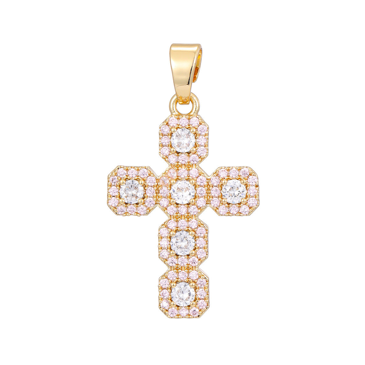 Cross pendant set with green cubic zirconia on a fine gold tone chain, front view