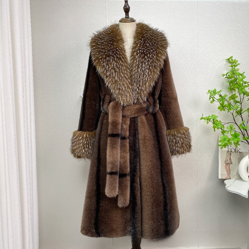 Brown cross-pattern vegan mink fur long coat with a large golden tipped collar and a tie belt, Mink Cross Pattern option