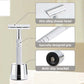 Silver safety razor on a stand labelled zinc alloy head, knurled grip and anti slip base