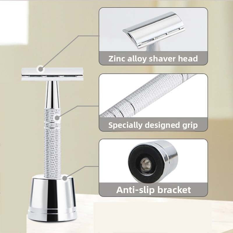 Silver safety razor on a stand labelled zinc alloy head, knurled grip and anti slip base