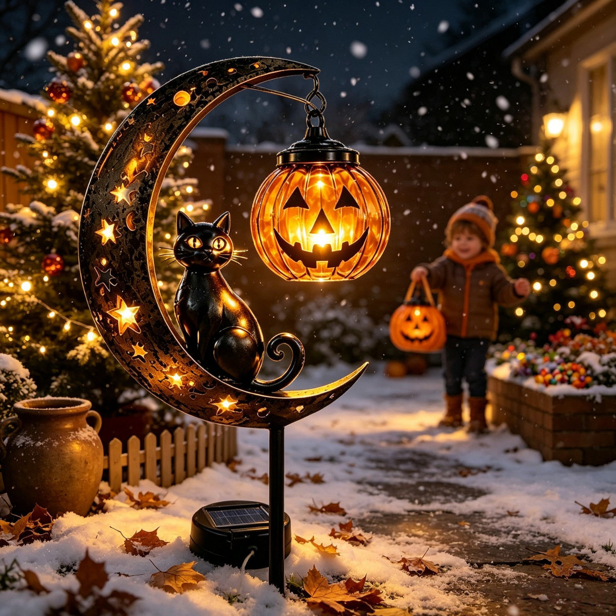 Cut iron solar garden stake light with black cat, crescent moon and jack o lantern lanterns lit at night