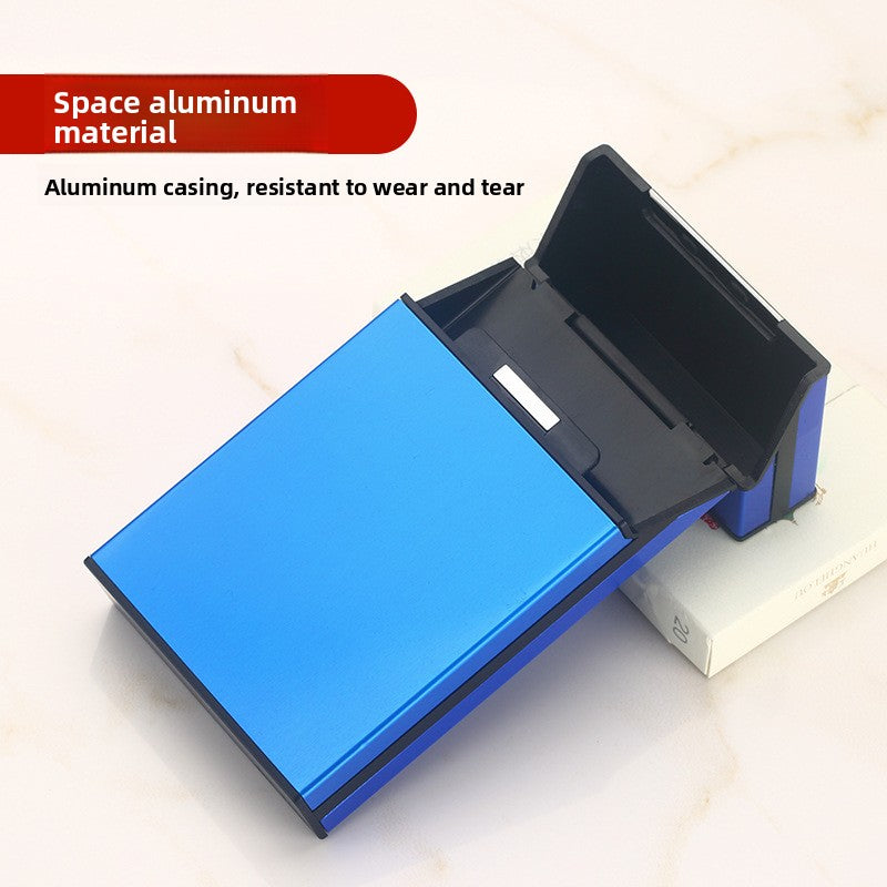Blue aluminum cigarette case with the flip top lid open showing the empty interior