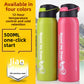 Apple green and pink insulated bottles beside a yellow banner: available in four colors, 500 ml, 304 stainless steel