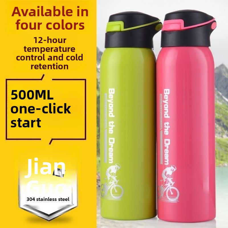 Apple green and pink insulated bottles beside a yellow banner: available in four colors, 500 ml, 304 stainless steel