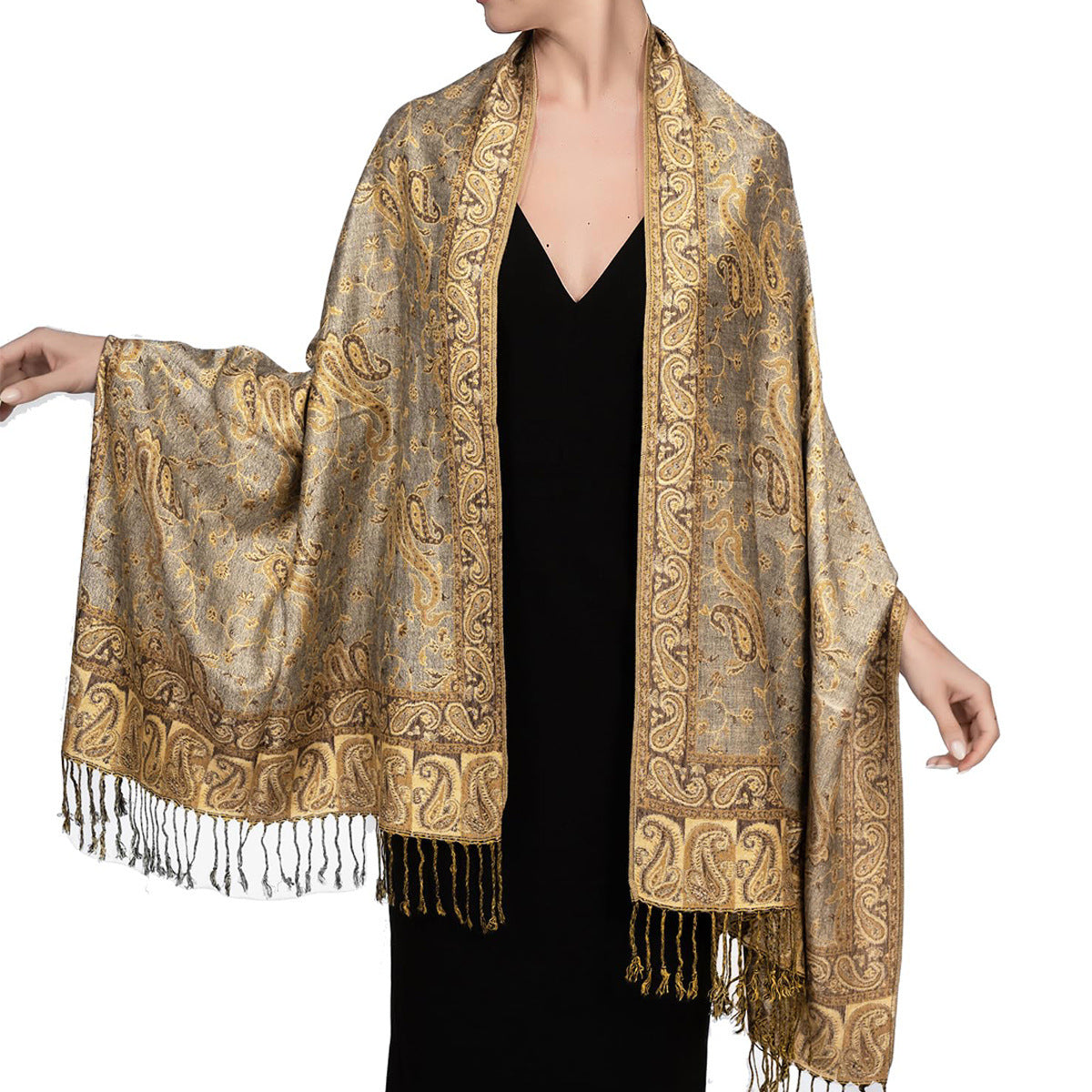 Beige and gold paisley tassel shawl wrap shown spread flat with tasseled fringe ends