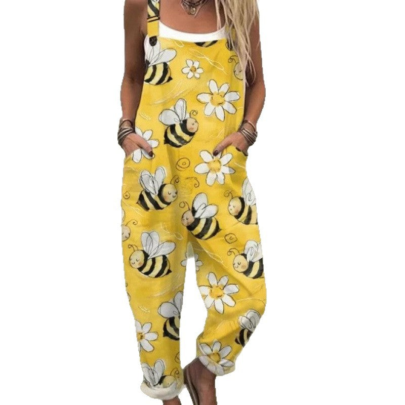Womens digital print overall jumpsuit with adjustable button shoulder straps