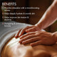Hands massaging oil into a person's back, with a list of benefit lines on a dark brown background