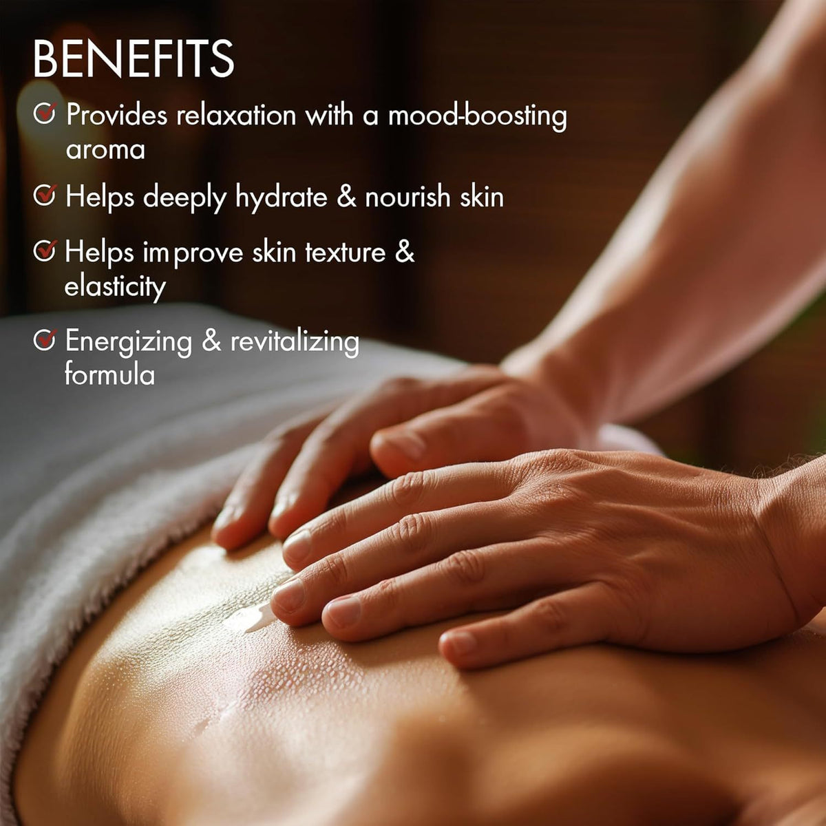Hands massaging oil into a person's back, with a list of benefit lines on a dark brown background