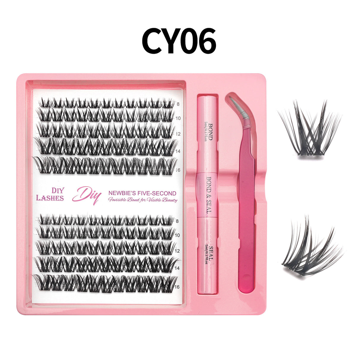 Lash cluster style CY06 in a 10 row tray with dual-ended glue pen, tweezers and a close-up of the cluster shape