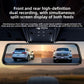 Front and rear split screen on a mirror dash cam display showing two cars on a road