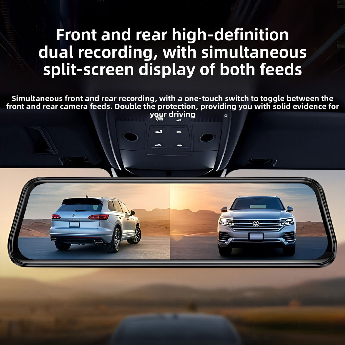 Front and rear split screen on a mirror dash cam display showing two cars on a road