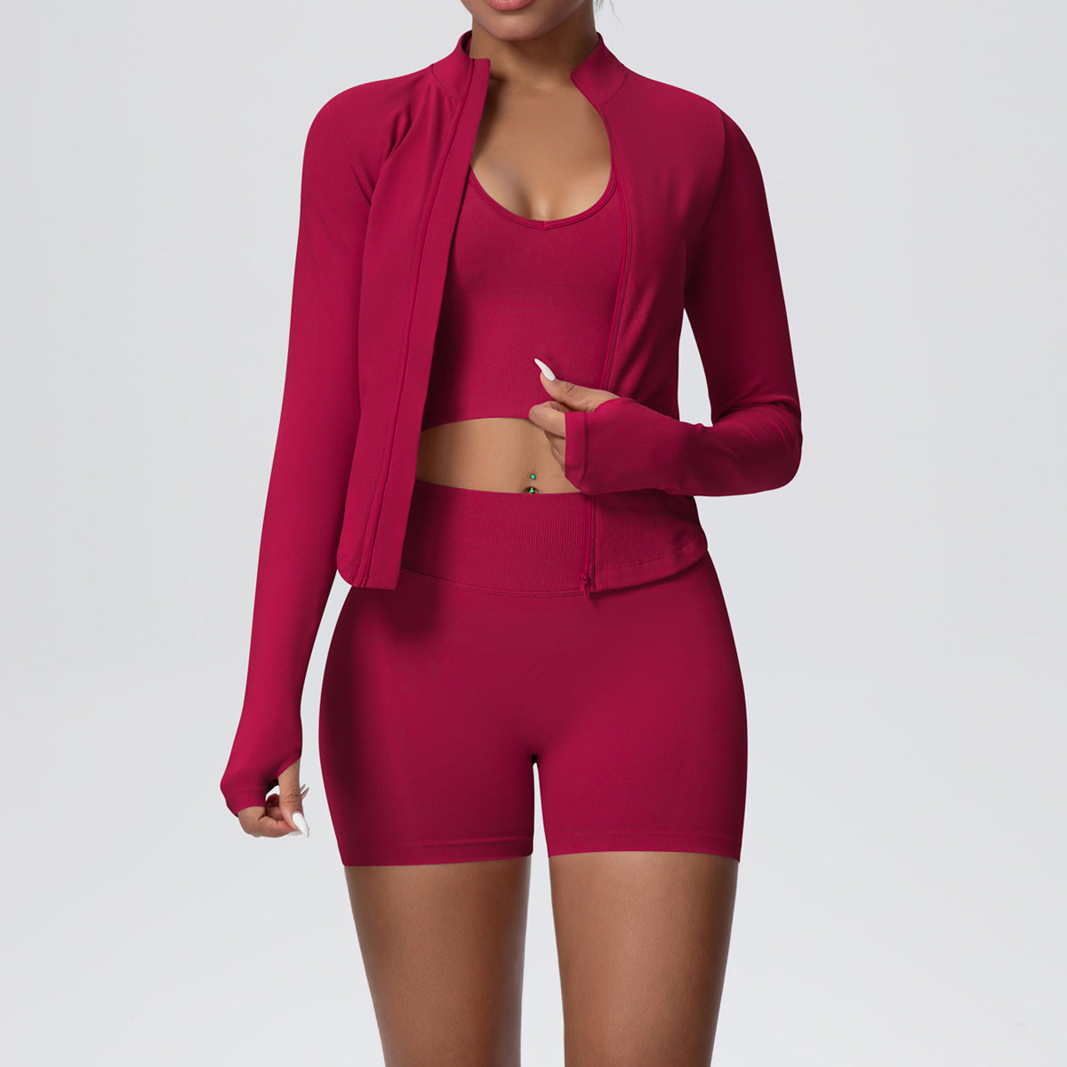 Burgundy three piece sports set, cropped scoop neck tank, high waist shorts and zip jacket