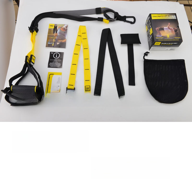 Full TRX suspension trainer kit with printed box hex wrench guide and black mesh carry bag