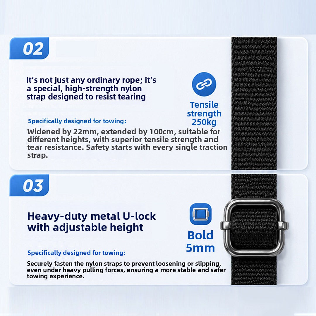 Black nylon strap 22 mm wide and heavy duty metal U lock buckle with adjustable height shown in close up