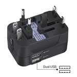 Dual USB universal travel socket adapter front view with two USB ports
