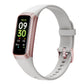 Moonlight White color option of the smart bracelet with rose gold case and activity data on screen