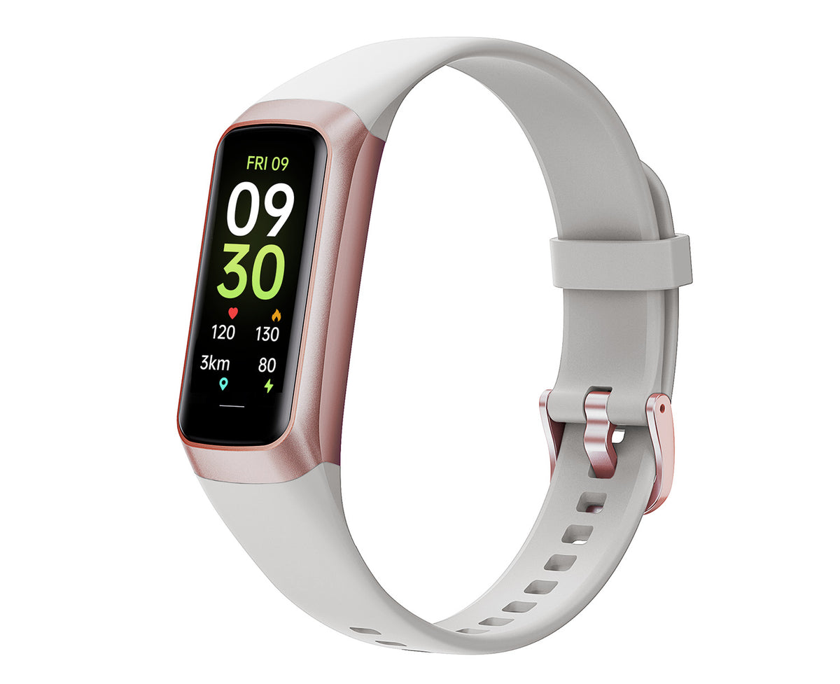 Moonlight White color option of the smart bracelet with rose gold case and activity data on screen
