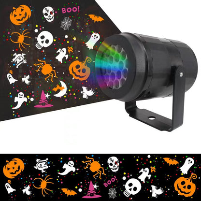 Black LED projector lamp on a stand casting orange and rainbow Halloween ghost and pumpkin patterns