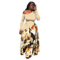 Plus size one-shoulder long sleeve maxi dress with a solid bodice and printed swing skirt