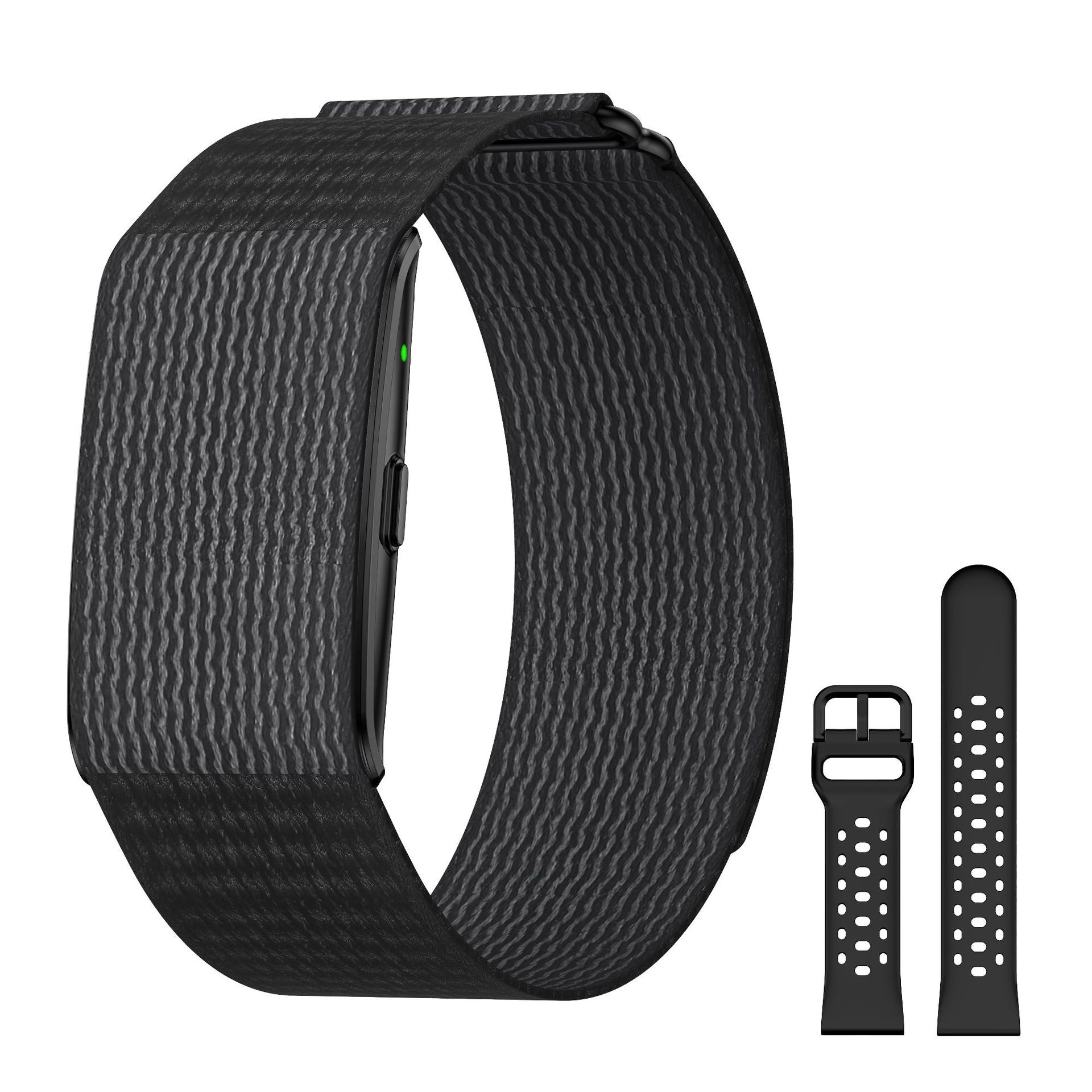 Black screenless smart bracelet on a woven strap with a spare perforated silicone strap alongside