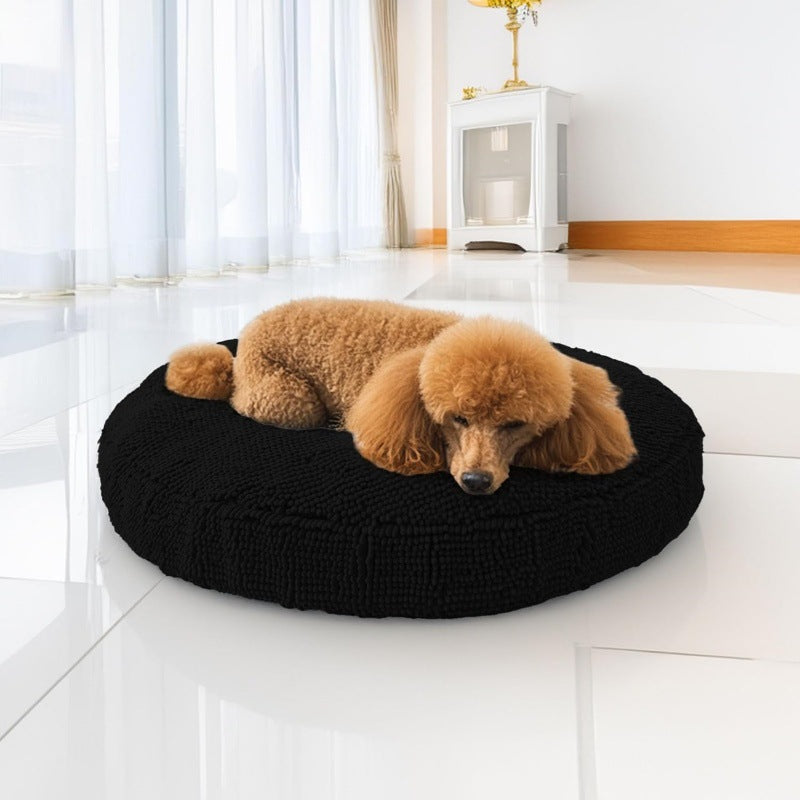 Removable machine washable cover on a round chenille pet bed