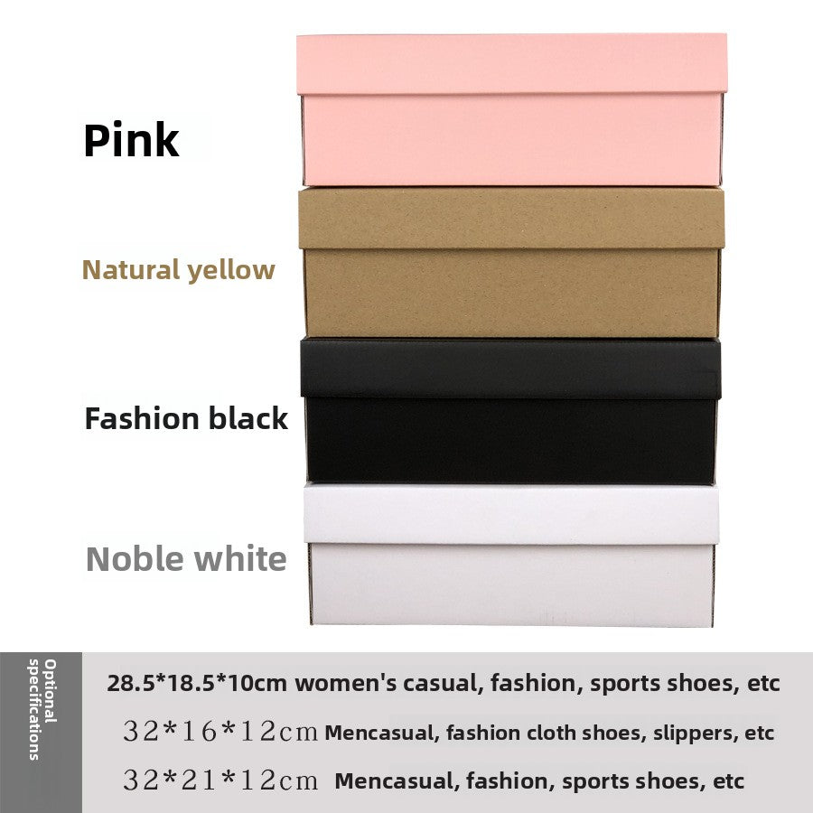 Pink, kraft, black and white cardboard shoe boxes stacked with the color names listed beside them