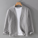 Gray ramie blend open front jacket on a hanger over a white tee, stand collar visible