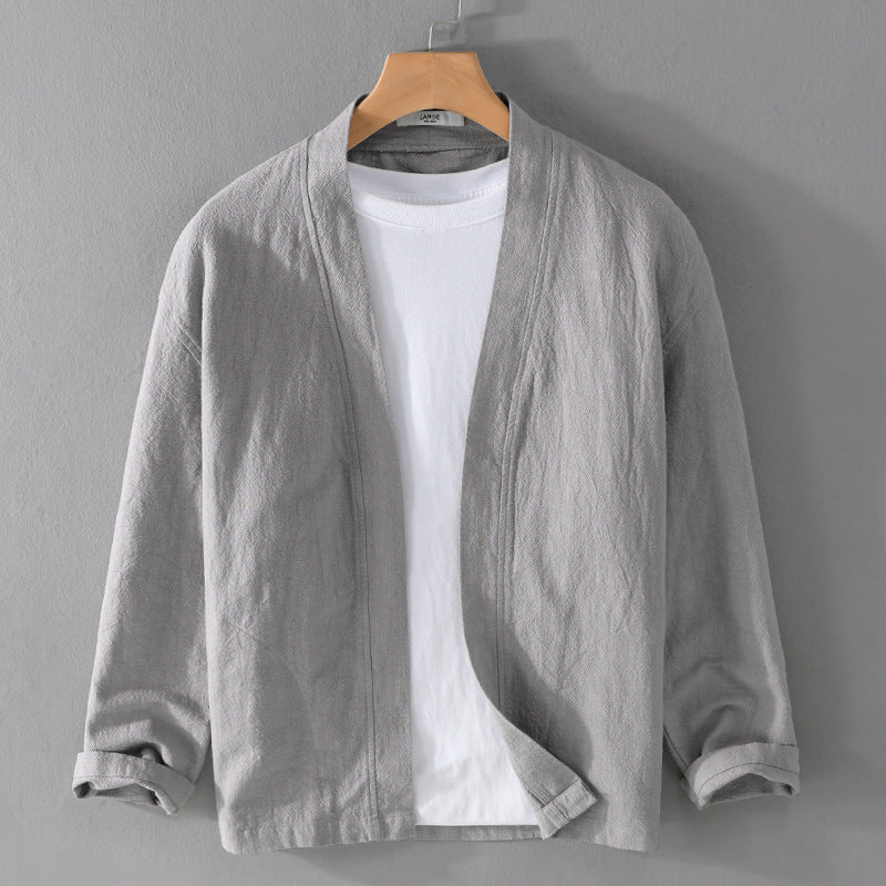 Gray ramie blend open front jacket on a hanger over a white tee, stand collar visible