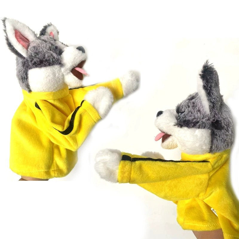 Two views of the yellow tracksuit dog puppet with one arm thrown out in a straight punch