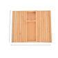 Flat view of a bamboo slatted armrest tray with dimension lines and a long central compartment, Style 3 option